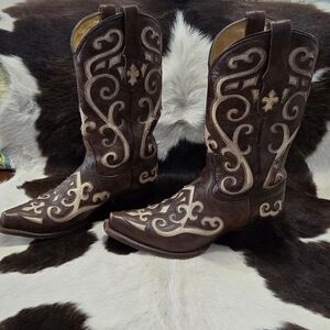 Tony Lama Dark Brown Boots with Cream Detailing